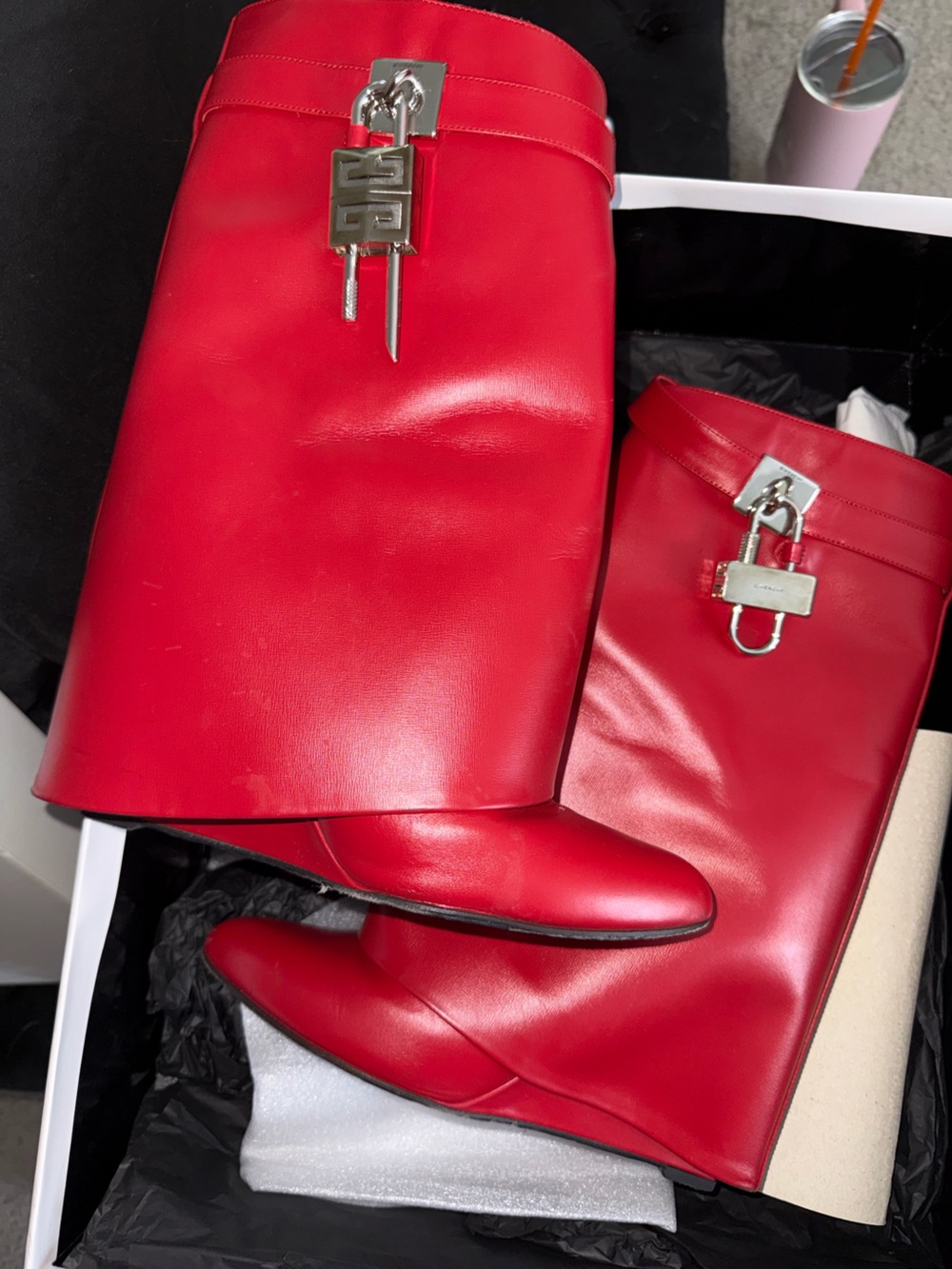 Givenchy Red Leather Knee Boots with Padlock Detail